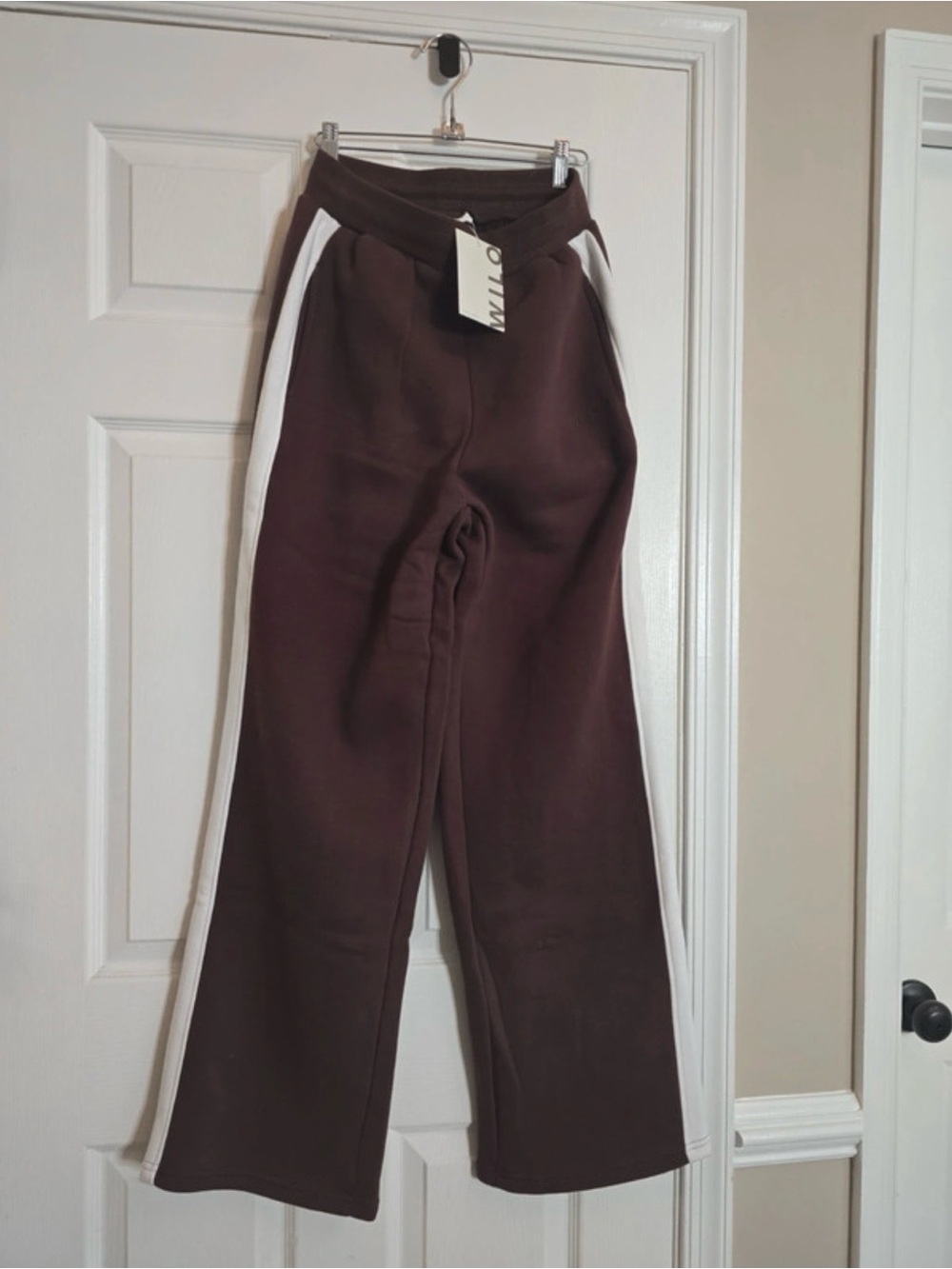 Wide-Leg Track Pants with White Side Stripes - Brown Small NWT Sweatpants